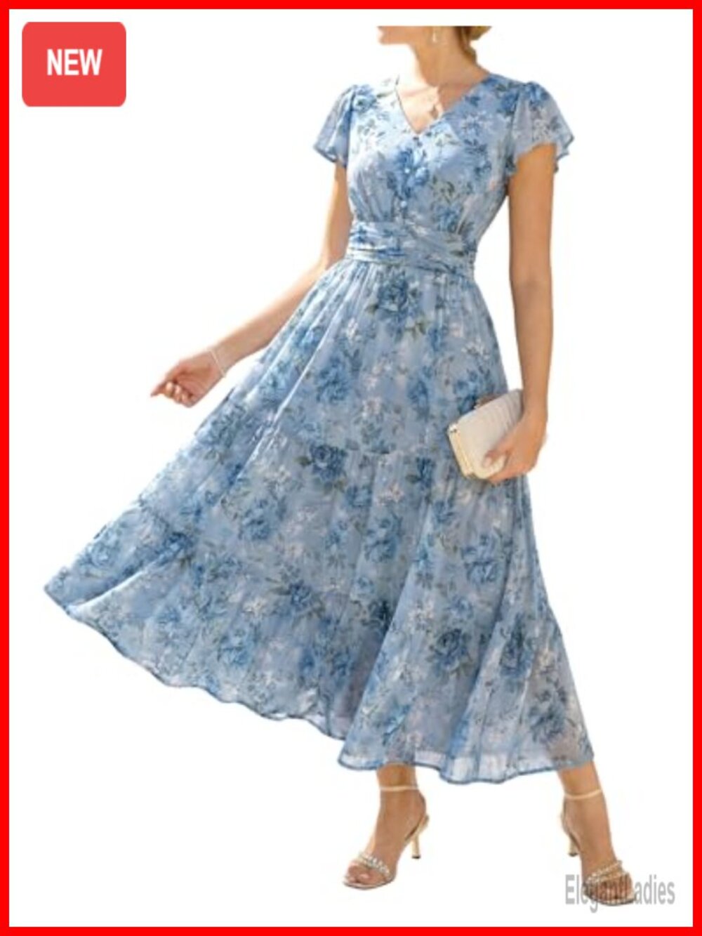 Women's Maxi Floral Dress V-Neck Flutter Sleeve Wedding Guest Fit & Flare